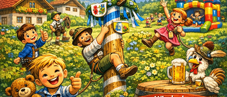 Plakat für eine Kinderveranstaltung am 03. Mai 2026. Zeigt Kinder beim Klettern an einem Pfahl, Luftballons und eine Henne, die Bier trinkt. Die Veranstaltung beinhaltet ein Sprungschloss und verschiedene Aktivitäten.