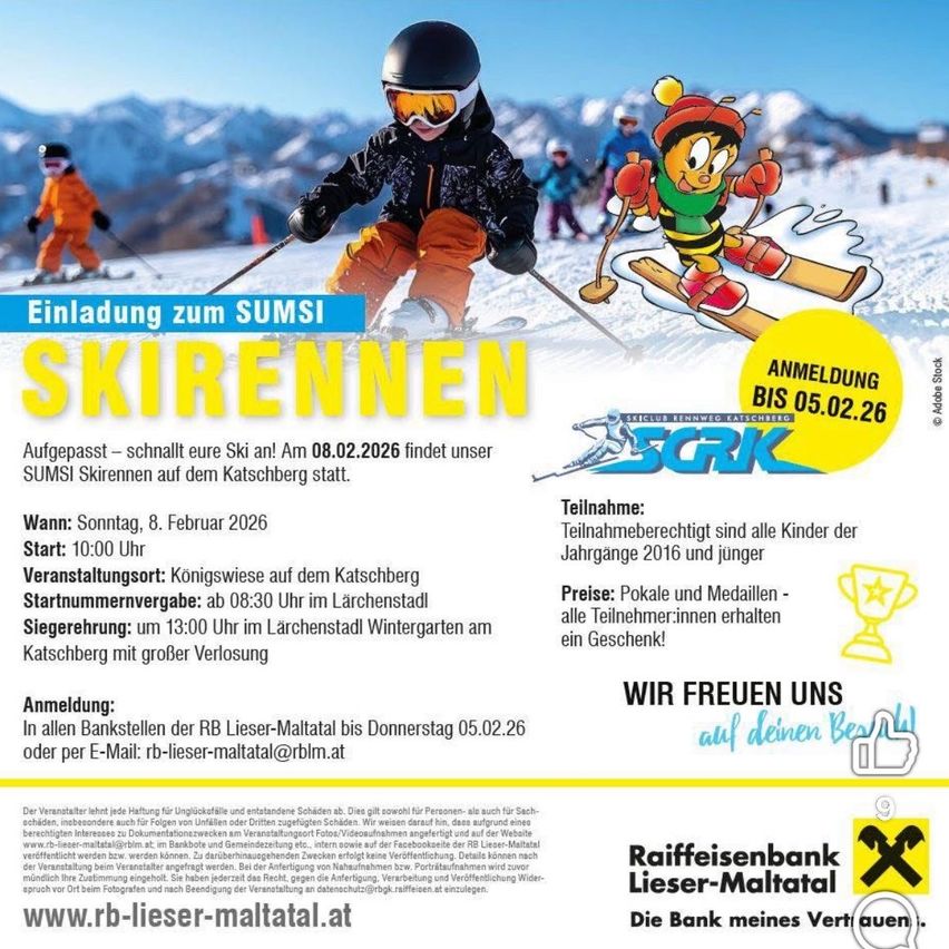 Poster für eine Ski-Veranstaltung am Katschberg. Event am 8. Februar 2026, Beginn um 10:00 Uhr. Kinder aus den Jahrgängen 2016 und jünger können teilnehmen. Anmeldung bis 5. Februar 2026. Kontakt per E-Mail oder Bankfilialen.
