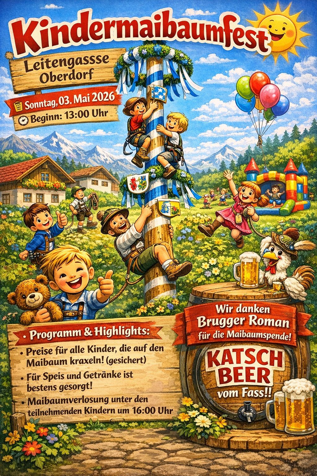 Ein Plakat für eine Kinderveranstaltung mit einem Maibaum, Kletterseilen und einem Huhn, das Bier trinkt. Es zeigt spielende Kinder, Berge im Hintergrund und eine Veranstaltung am 3. Mai 2026.