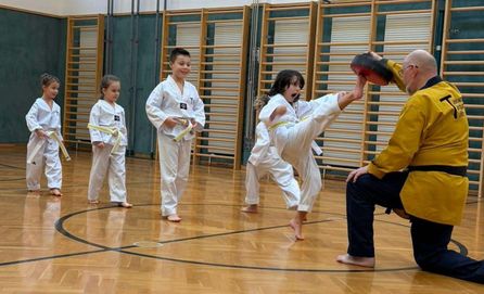 Drei junge Kinder in weißen Karate-Uniformen, darunter ein Mädchen, das einen vom Erwachsenen gehaltenen Pad tritt, trainieren drinnen auf einem Holzboden Kampfsport.