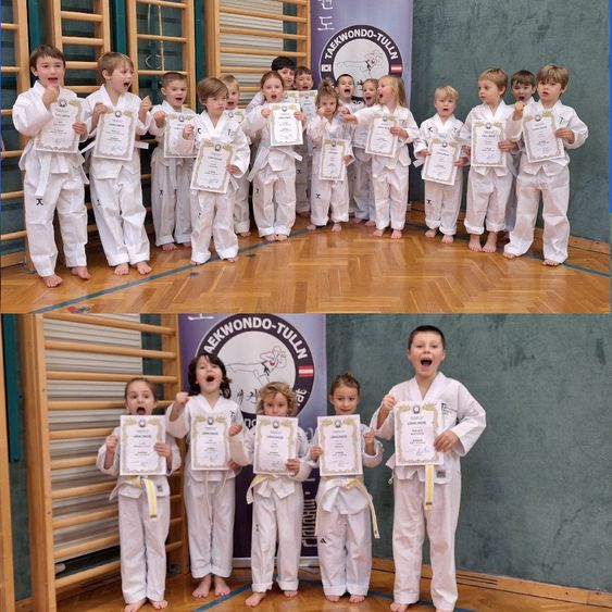 Kinder in weißen Karate-Uniformen halten Urkunden und feiern mit freudigen Ausdrücken. Zwei Fotos zeigen sie in verschiedenen Posen und Umgebungen.