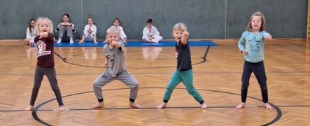 Mehrere Kinder in weißen Uniformen üben Karate auf dem Gymnastikboden. Ein Kind führt mit einer dynamischen Pose.