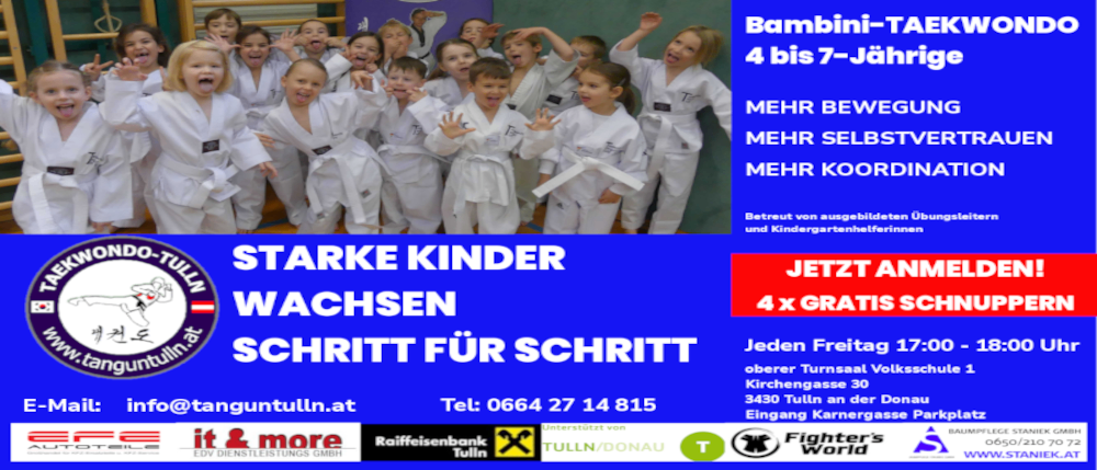 Eine Gruppe von Kindern in weißen Kampfsportuniformen lächelt und posiert für ein Foto. Das Bild ist ein Plakat, das einen Kinder-Kampfsportkurs bewirbt.
