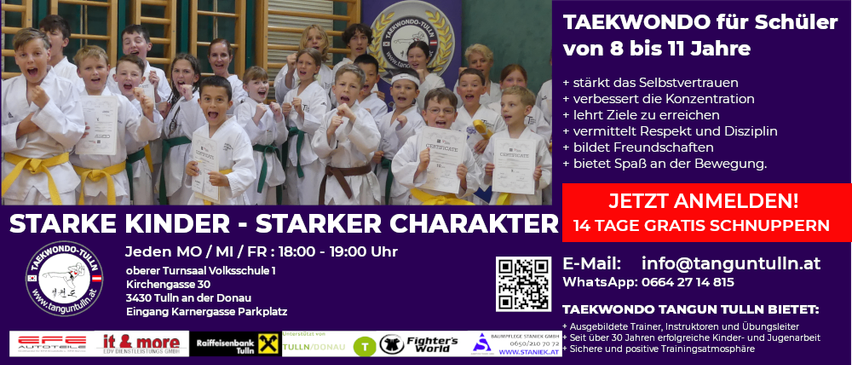 Ein Plakat für eine Taekwondo-Klasse für Kinder im Alter von 8 bis 11 Jahren, das eine Gruppe junger Schüler in weißen Uniformen mit grünen Gürteln zeigt, die Urkunden halten und lächeln. Das Plakat enthält Details zum Zeitplan, Standort und Kontaktinformationen.