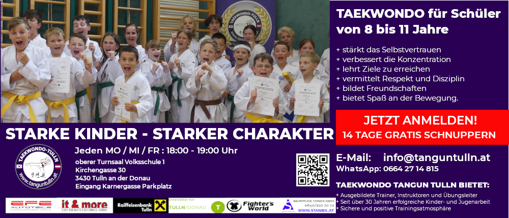 Ein Plakat für eine Taekwondo-Klasse für Kinder im Alter von 8 bis 11 Jahren, das eine Gruppe junger Schüler in weißen Uniformen mit grünen Gürteln zeigt, die Urkunden halten und lächeln. Das Plakat enthält Details zum Zeitplan, Standort und Kontaktinformationen.