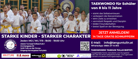 A poster advertising Taekwondo classes for children aged 8 to 11, featuring a group of children in white uniforms with green belts, holding certificates, and a QR code for registration.