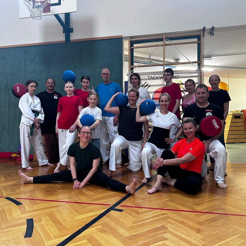Eine Gruppe von Menschen ist in einem Fitnessstudio und posiert für ein Foto mit Trainingsgeräten. Einige halten Bälle, und andere sind in Kampfsportbekleidung.