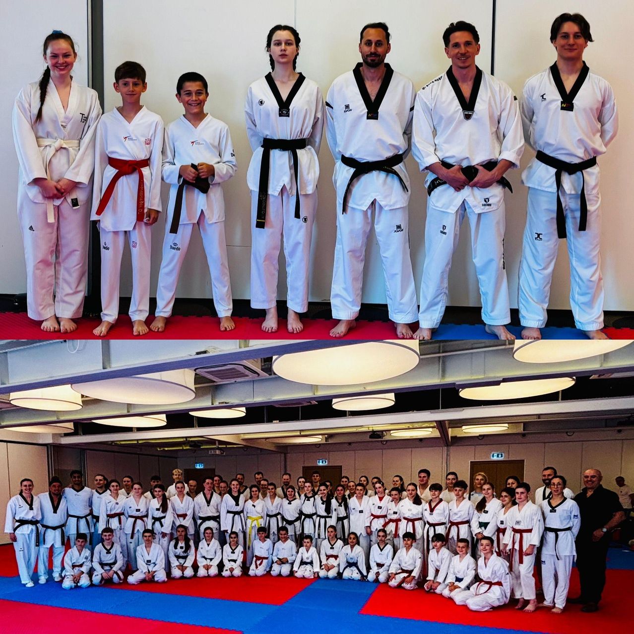 Eine Gruppe von Taekwondo-Praktikern in weißen Uniformen und Gürteln posiert für ein Foto. Die obere Reihe hat fünf Personen, die untere Reihe hat viele mehr.