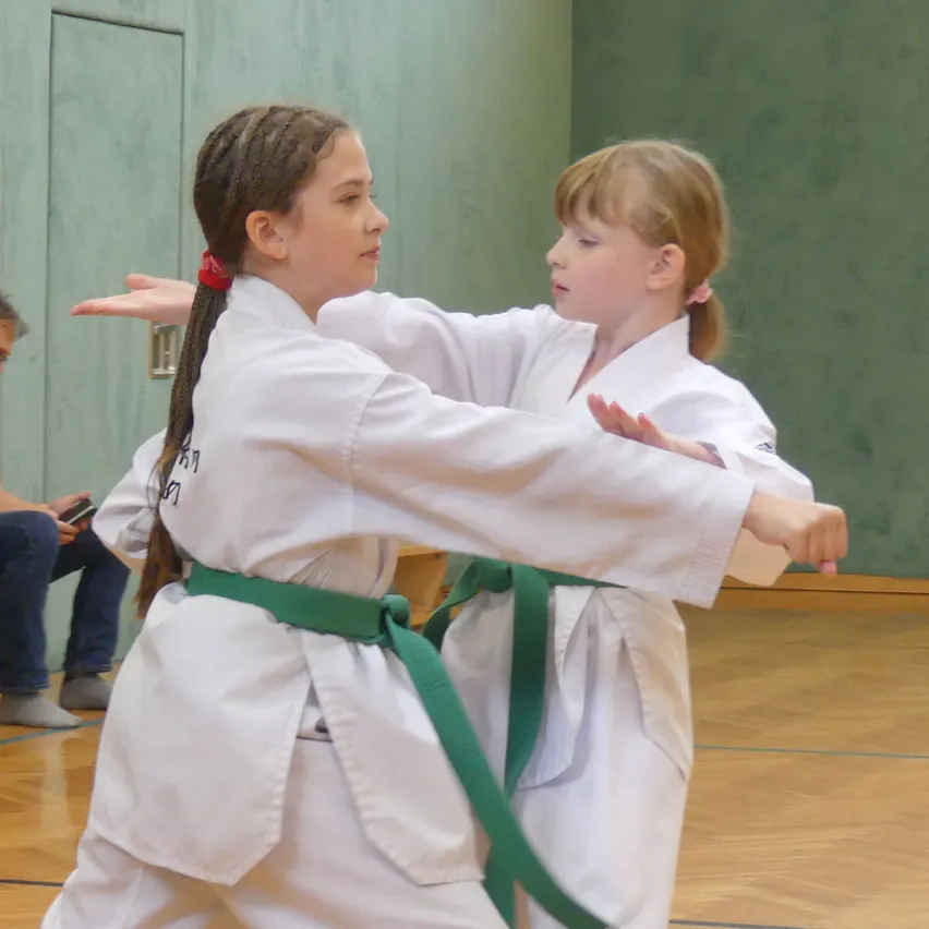 Zwei junge Mädchen in weißen Karate-Uniformen mit grünen Gürteln üben Kampfkunst in einer Turnhalle. Ein Mädchen hält den Arm des anderen.