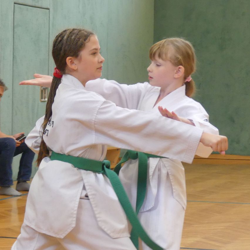Zwei junge Mädchen in weißen Karate-Uniformen mit grünen Gürteln üben Kampfkunst in einer Turnhalle. Ein Mädchen hält den Arm des anderen.
