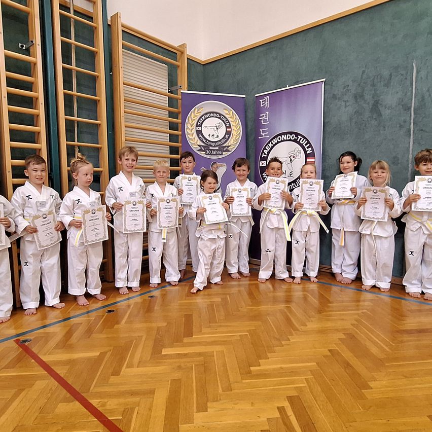 Gruppe junger Kampfsportschüler in weißen Uniformen, die Zertifikate halten, stehen in einer Turnhalle.