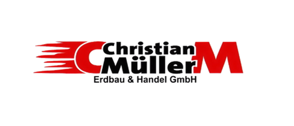 Das Logo für Christian Müller Erdbau & Handel GmbH, mit einem roten stilisierten Buchstaben 'C' mit Flammeneffekt, dem Firmennamen in fetten schwarzen Buchstaben und einem roten 'M' mit Flammeneffekt auf der rechten Seite.