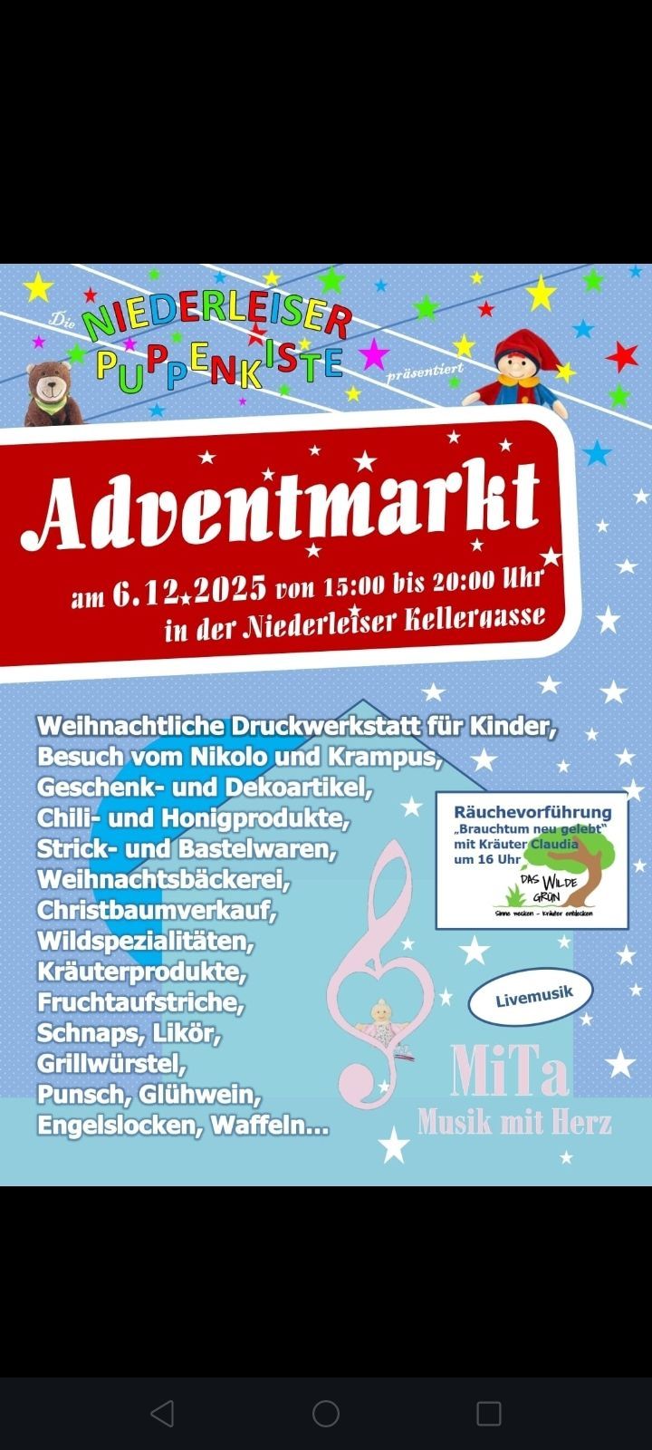 Werbeplakat für den Adventmarkt am 6.12.2025 von 15:00 bis 20:00 Uhr in der Niederleiser Kellergasse. Angebote umfassen eine Weihnachtsdruckwerkstatt für Kinder, Besuch von Nikolaus und Krampus, Geschenk- und Dekorationsartikel, Chili- und Honigprodukte, Bastel- und Korbwaren, Weihnachtsbäckerei, Weihnachtsbaumverkauf, Wildspezialitäten, Kräuterprodukte, Fruchtaufstriche, Schnäpse, Liköre und Grillwurst.