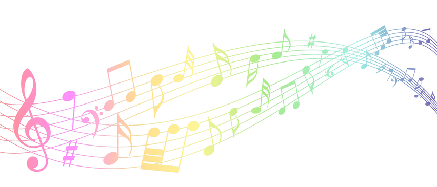 Eine farbenfrohe Illustration von Musiknoten, die in einem welligen Muster auf weißem Hintergrund fließen. Die Noten sind in verschiedenen Farben wie Pink, Gelb, Grün und Blau.