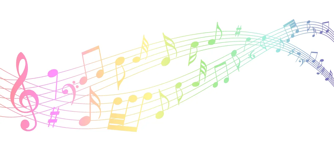 Eine farbenfrohe Illustration von Musiknoten, die in einem welligen Muster auf weißem Hintergrund fließen. Die Noten sind in verschiedenen Farben wie Pink, Gelb, Grün und Blau.