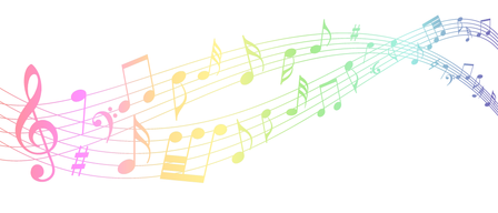 A colorful musical note line on a white background. The notes are in various colors, including pink, yellow, green, and blue. The notes are arranged in a flowing, wavy pattern.