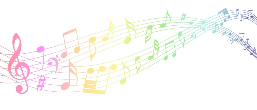 Eine farbenfrohe Musiknotenlinie auf weißem Hintergrund. Die Noten sind in verschiedenen Farben, einschließlich Pink, Gelb, Grün und Blau. Die Noten sind in einem fließenden, wellenförmigen Muster angeordnet.