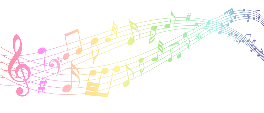 A colorful musical note line on a white background. The notes are in various colors, including pink, yellow, green, and blue. The notes are arranged in a flowing, wavy pattern.