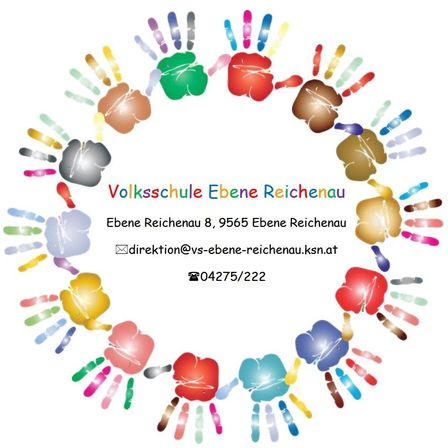 Ein kreisförmiges Bild mit mehrfarbigen Handabdrücken um den Text 'Volksschule Ebene Reichenau' herum, mit Kontaktdaten einschließlich E-Mail und Telefonnummer.