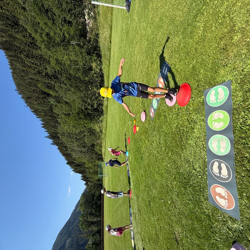 Eine Gruppe von Menschen spielt Frisbee auf einem Rasenfeld mit einem Wald im Hintergrund. Eine Person fängt einen Frisbee in der Luft.