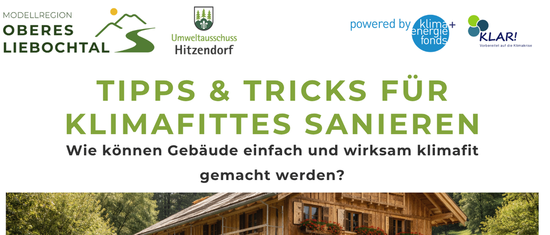 Veranstaltung über klimafreundliches Sanieren. Datum: Freitag, 17. April 2026. Ort: Hitzendorf. Themen: Effektive Maßnahmen, regionale Ressourcen, diffusionsoffene Konstruktionen, Fördermöglichkeiten und Vorstellung des Bauleiters.
