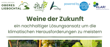 Das Bild zeigt ein Plakat über Zukunftsweine, das nachhaltige Weinproduktion zur Bekämpfung des Klimawandels hervorhebt. Es enthält ein Bild von Trauben und erwähnt einen Vortrag von Ing. Wolfgang Renner am 21.05.2026.