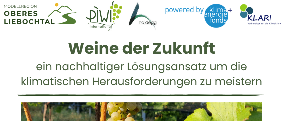Das Bild zeigt ein Plakat über Zukunftsweine, das nachhaltige Weinproduktion zur Bekämpfung des Klimawandels hervorhebt. Es enthält ein Bild von Trauben und erwähnt einen Vortrag von Ing. Wolfgang Renner am 21.05.2026.
