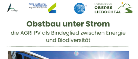 Ein Bild von Solarmodulen an einem sonnigen Tag. Der Text handelt von klimaresilientem Obstbau und zukünftigen Entwicklungen resistenter Sorten. Die Referenten sind Dr. DI Leonhard Steinbauer und Dr. Thomas Ruhmer.
