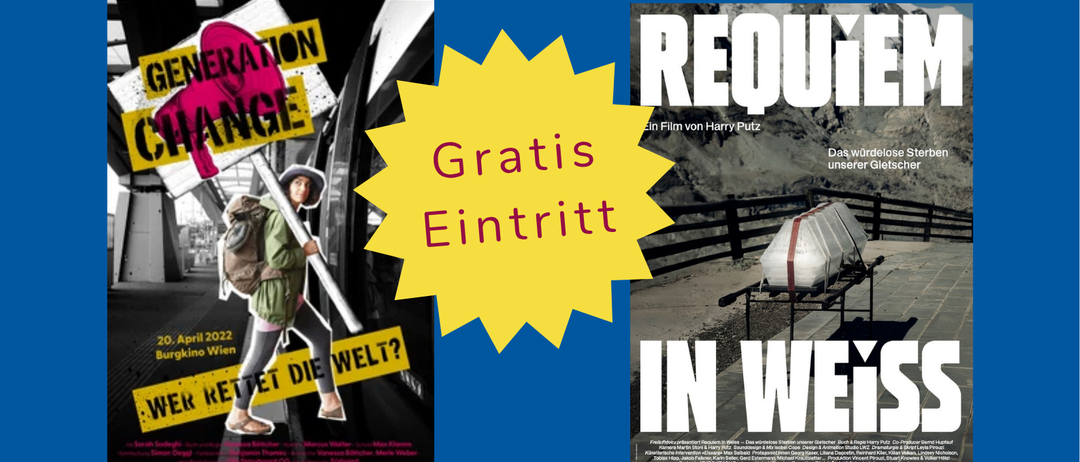 Ein Plakat für zwei Filmvorführungen: 'Generation Change' am 18. September 2026 und 'Requiem in Weiss' am 25. September 2026, beide um 19 Uhr. Das Plakat zeigt einen gelben Stern und die Orte der Vorführungen.
