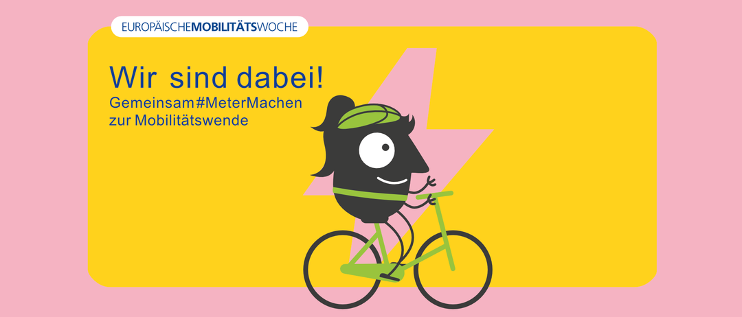 Eine Illustration einer Comic-Figur, die ein Fahrrad mit einem grünen Stirnband und einem lächelnden Gesicht fährt. Der Hintergrund ist eine Kombination aus gelben und rosa Farben. Der Text lautet 'MeterMachen' und 'd dabei!'.