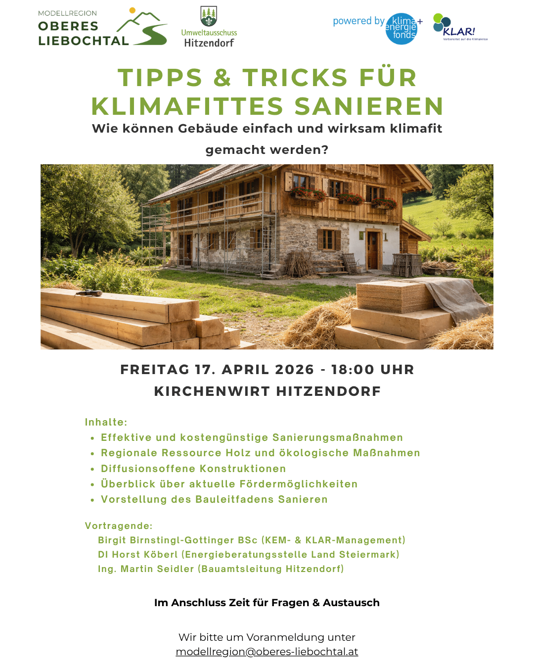 Bild eines Hauses mit dem Text 'Tipps und Tricks für klimafreundliches Sanieren'. Details zu einer Veranstaltung am 17. April 2026 um 18:00 in Hitzendorf.