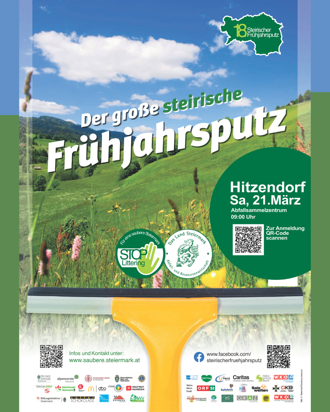 Ein Plakat zur Werbung für die 'große steirische Frühjahrsputz'-Veranstaltung. Das Plakat zeigt ein landschaftliches Grünfeld mit Bergen im Hintergrund und einem gelben Fensterwischer. Es enthält Angaben zum Veranstaltungsdatum und -ort sowie einen QR-Code zur Anmeldung.