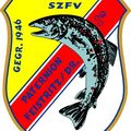 Wappen des Fischervereins, gegründet 1946, zeigt einen Fisch mit der Abkürzung SZFV. Das Wappen ist in Rot, Gelb und Blau gehalten.