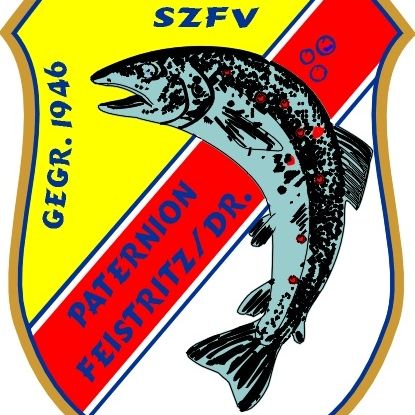 Wappen des Fischervereins, gegründet 1946, zeigt einen Fisch mit der Abkürzung SZFV. Das Wappen ist in Rot, Gelb und Blau gehalten.