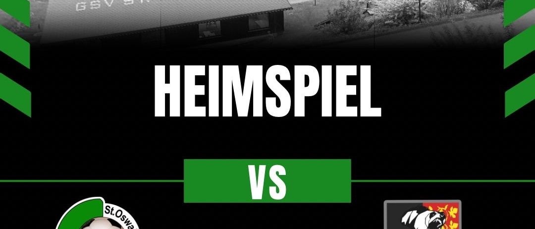 Schwarz-Weiß-Bild eines Fußballfeldes mit einem Gebäude und einem Fußballball-Logo. Es steht 'Heimspiel vs GSV St. Oswald GSV Geistthal'. Das Datum ist Samstag, 20. September 2025, um 18:00 Uhr.