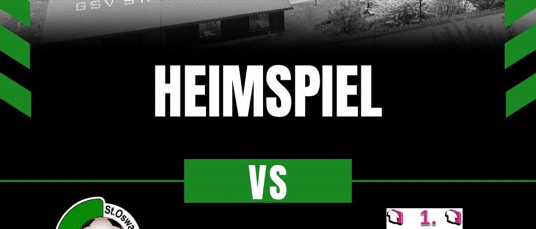 Eine Schwarz-Weiß-Werbung für ein Fußballspiel am 27. September 2025 um 18:00 Uhr. Die Teams sind GSV St. Oswald und HTV TDP Stainz. Der Austragungsort ist der Sportplatz in St. Oswald bei Plankenwarth.