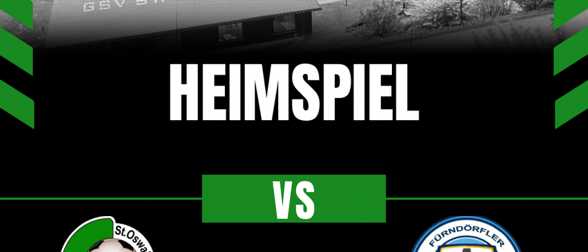 A black and white image of a soccer field with a banner above it. The banner reads 'Samstag, 05. September 2026, 19:00 Uhr'. The field is empty with a building in the background. Two team logos are displayed on the bottom left and right with the words 'Heimspiel' in the middle.