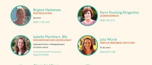 Ein Flyer zeigt sechs Trainerinnen. Andrea Gibas, Hochintensives Training & Flow Yoga. Brigitte Heckenast, Hatha Yoga & Yin Yoga. Isabella Marchart, Bewegungstherapie nach Liebscher & Bracht. Alexandra Ulmer, Faszientraining & Bewegungstherapie. Veronika Trapichler, Hochintensives Training. Karin Puschnigg-Dragschitz, Gesundheitsgymnastik.