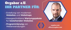 Ein Poster mit dem Gesicht eines Mannes, das 'Partner für: moderne Webshops' bewirbt. Das Poster hat einen blauen und roten Hintergrund mit Hexagonen. Kontaktdetails sind unten rechts angegeben.