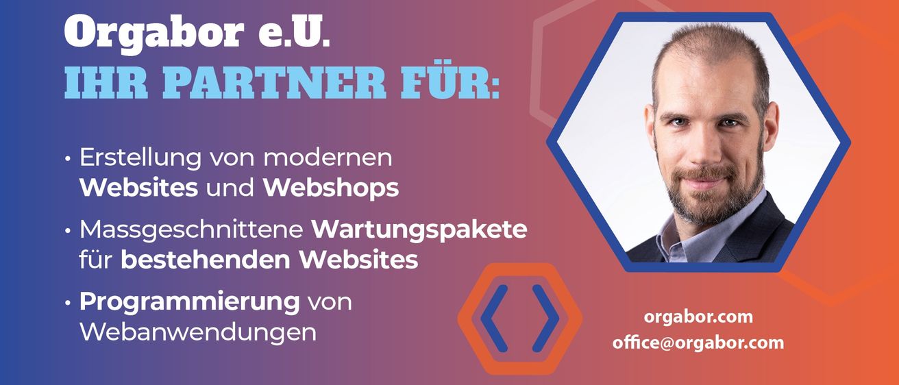 Das Bild zeigt ein Plakat mit einem Bild eines Mannes, das Wartungspakete für moderne Websites anbietet. Das Plakat hat blaue und rote Farben und enthält die E-Mail-Adresse office@.