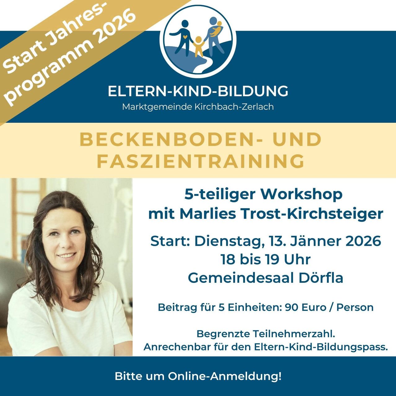 Poster für Beckenboden- und Faszientraining-Workshop. Beginn am 13. Januar 2026 um 18 Uhr in Dörfla. Fünf Termine mit begrenzten Plätzen.