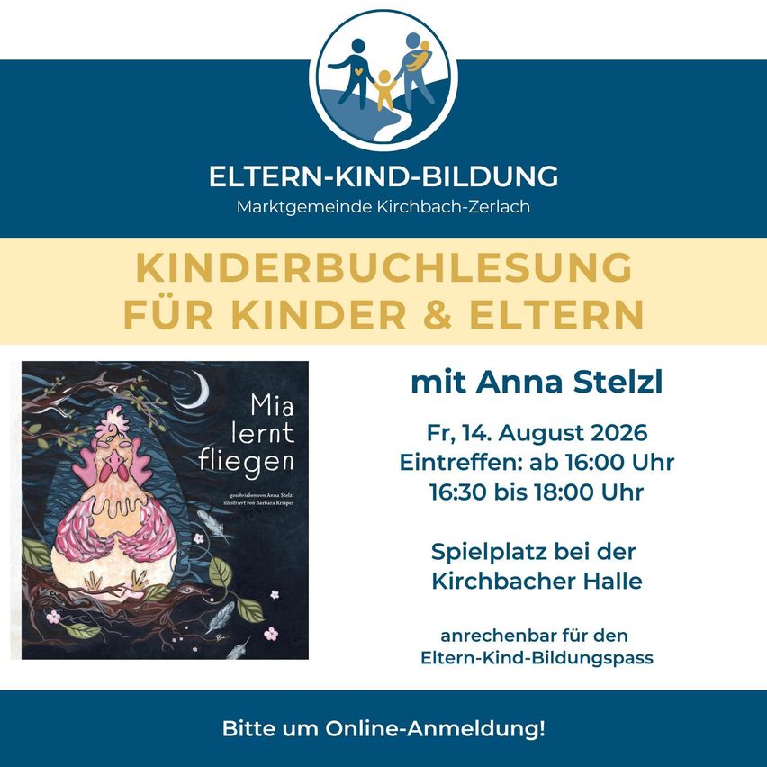 Plakat für eine Kinderbuchlesung von Anna Stelzl am 14. August 2026 von 16:00 Uhr bis 18:00 Uhr in der Kirchbacher Halle. Die Veranstaltung ist Teil des Eltern-Kind-Bildungspasses.