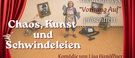 Eine Frau in einer Schürze hält ein Bügeleisen und ein Handtuch und steht vor einer Wand mit zwei beschädigten Bilderrahmen. Der Boden ist aus Holz und der Text lautet 'Theater, Kunst, und Indeleien'. Ein Staubsauger liegt auf dem Boden.