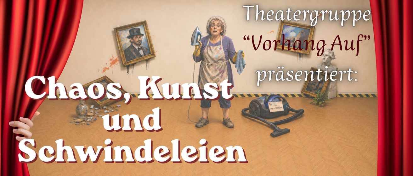Eine Frau in einer Schürze hält ein Bügeleisen und ein Handtuch, steht in einem Raum mit Holzboden. Hinter ihr hängen zwei gerahmte Porträts an der Wand, eines mit roten Farbspritzern. Ein Staubsauger liegt auf dem Boden. Der Text lautet 'Theater, Kunst und Indeleleien'.