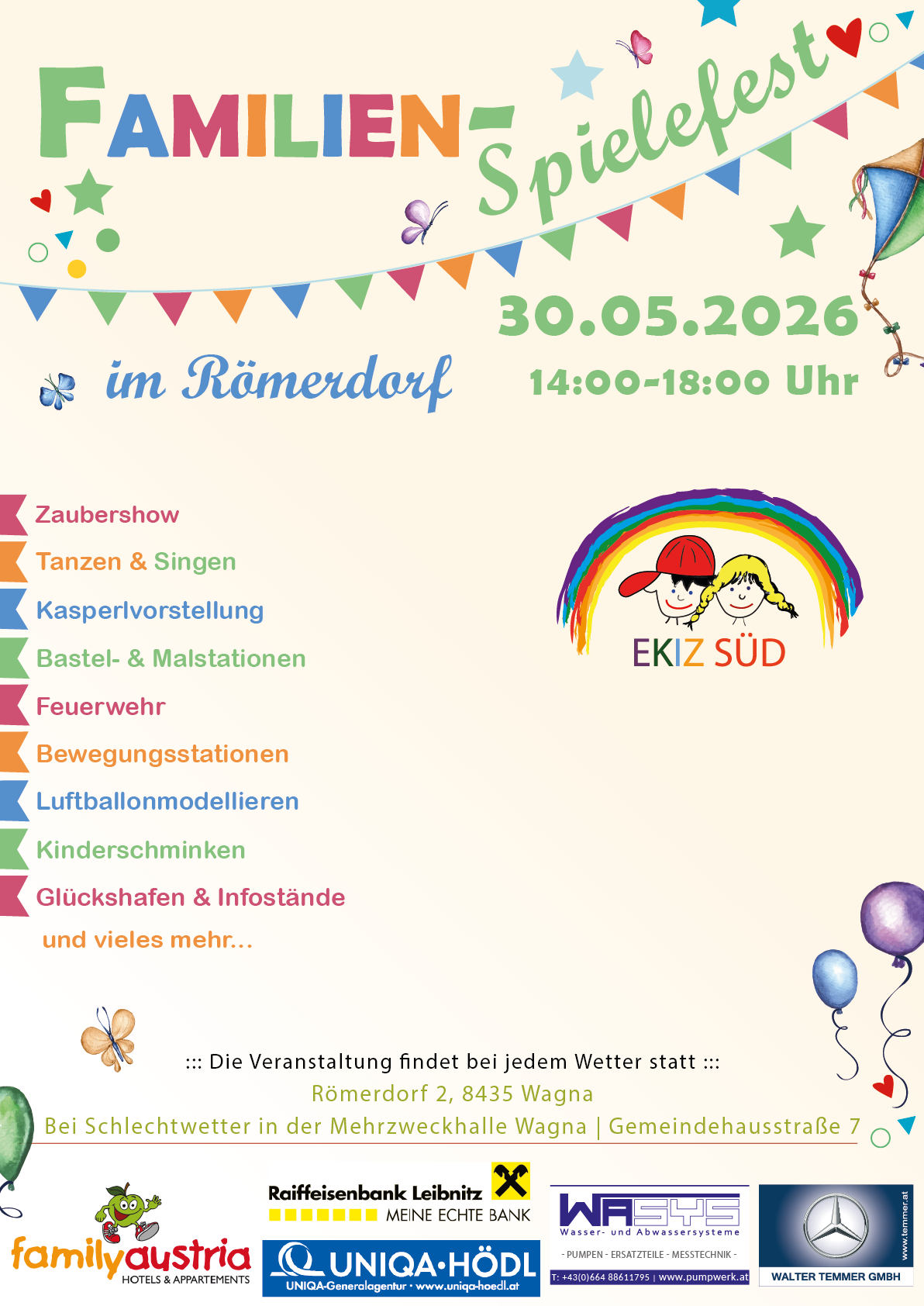 Plakat für eine Veranstaltung am 30.05.2026 mit Aktivitäten wie Zaubershows, Tanzen, Singen und Basteln, mit Fokus auf Sicherheit und Spaß für Kinder.