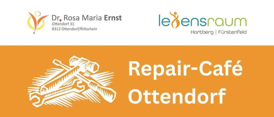Werbung für das Repair-Café Ottendorf mit Hammer- und Schraubenschlüssel-Symbol, Name von Rosa Maria Ernst und le-ens Logo.