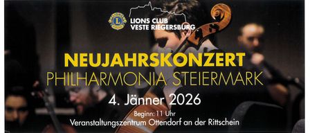 Plakat für eine Veranstaltung des Lions Club Veste Riegersburg. Zeigt einen Cellisten, Datum festgelegt für den 4. Jänner 2026, Beginn um 11 Uhr im Veranstaltungszentrum Ottendorf.