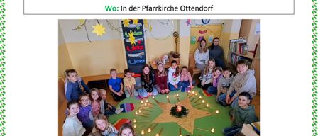 Eine Einladung zu einem Weihnachtsfest in der Ottendorfer Kirche. Es zeigt ein Foto von Kindern und Erwachsenen, die um einen Tisch mit einem Stern und Kerzen sitzen. Die Veranstaltung findet am 24. Dezember 2025 um 15:00 Uhr statt.