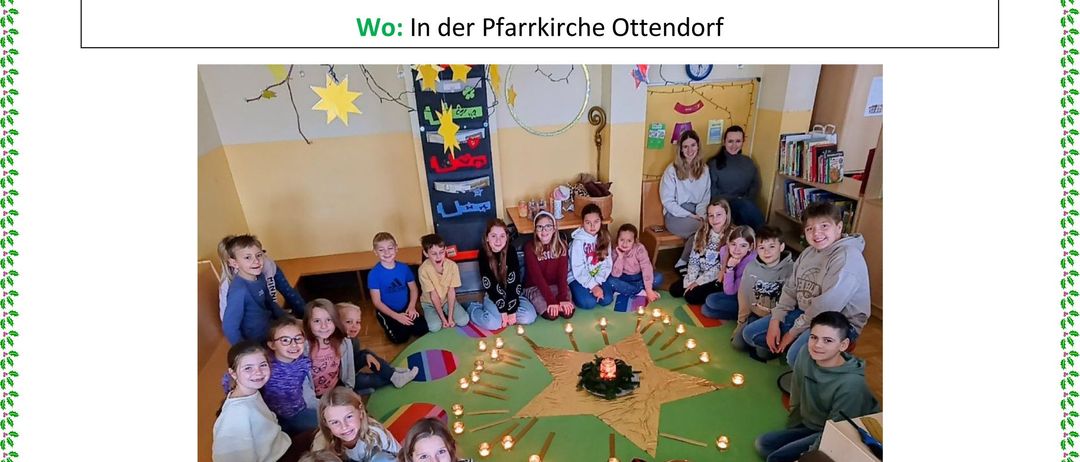 Eine Einladung zu einem Weihnachtsfest in der Ottendorfer Kirche. Es zeigt ein Foto von Kindern und Erwachsenen, die um einen Tisch mit einem Stern und Kerzen sitzen. Die Veranstaltung findet am 24. Dezember 2025 um 15:00 Uhr statt.