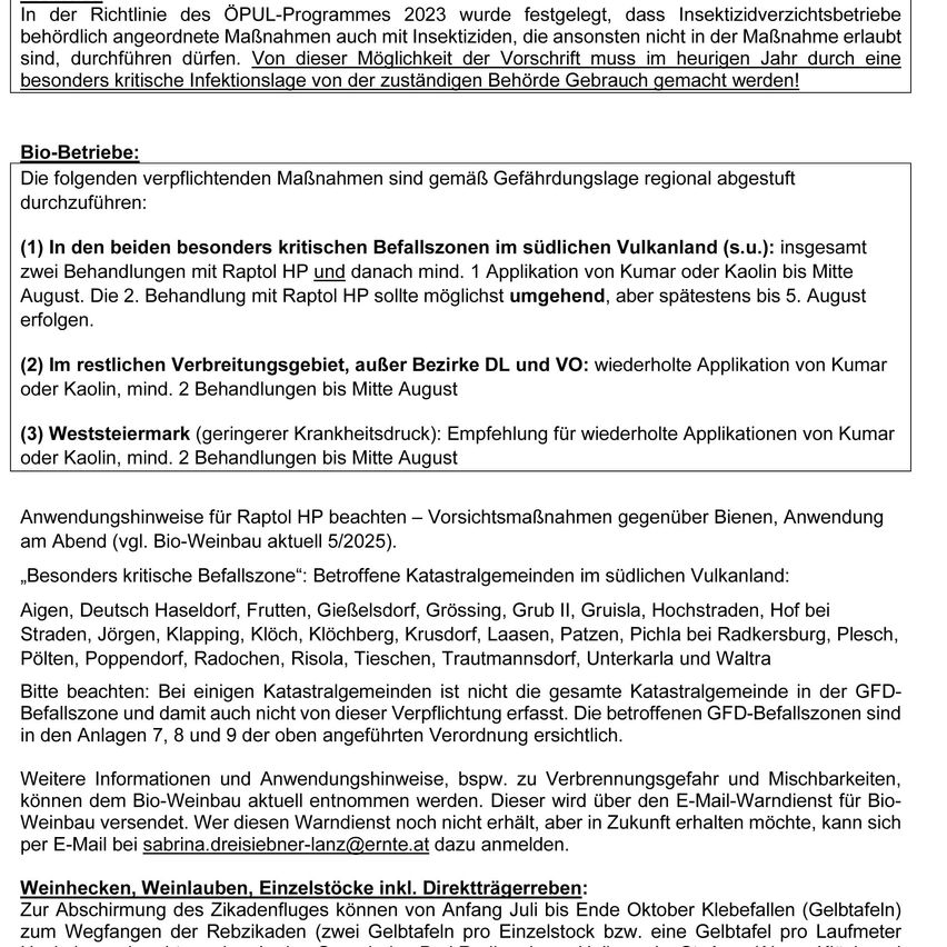 In der Richtlinie des ÖPUL-Programms 2023 wurde festgelegt, dass Insektenschutzmaßnahmen erforderlich sind, außer in bestimmten Gebieten. Die Anwendung mit Insektiziden ist sonst nicht erlaubt. Das besondere Infektionsschutzgesetz erfordert eine kritische Bewertung durch die Behörden. Biobetriebe müssen in besonders kritischen Gebieten Vorkehrungen treffen. Strenge Maßnahmen sind für den Rest des Verbreitungsgebiets erforderlich. Westfalmark ist ein Gebiet mit weniger Druck.